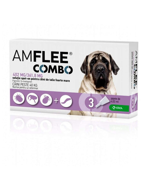 AMFLEE COMBO dog treatment pack for large dogs (40-60 kg), includes 3 pipets for flea and tick prevention.