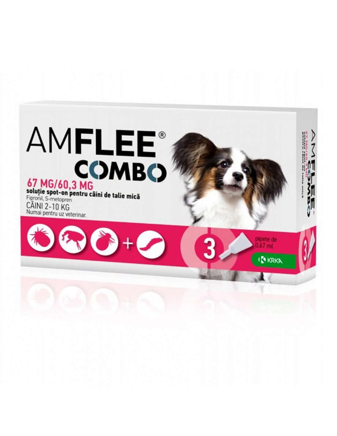 AMFLEE Combo Dog 67mg box for small dogs, effective against fleas, ticks, and lice, 3 pipets for 2-10 kg dogs.