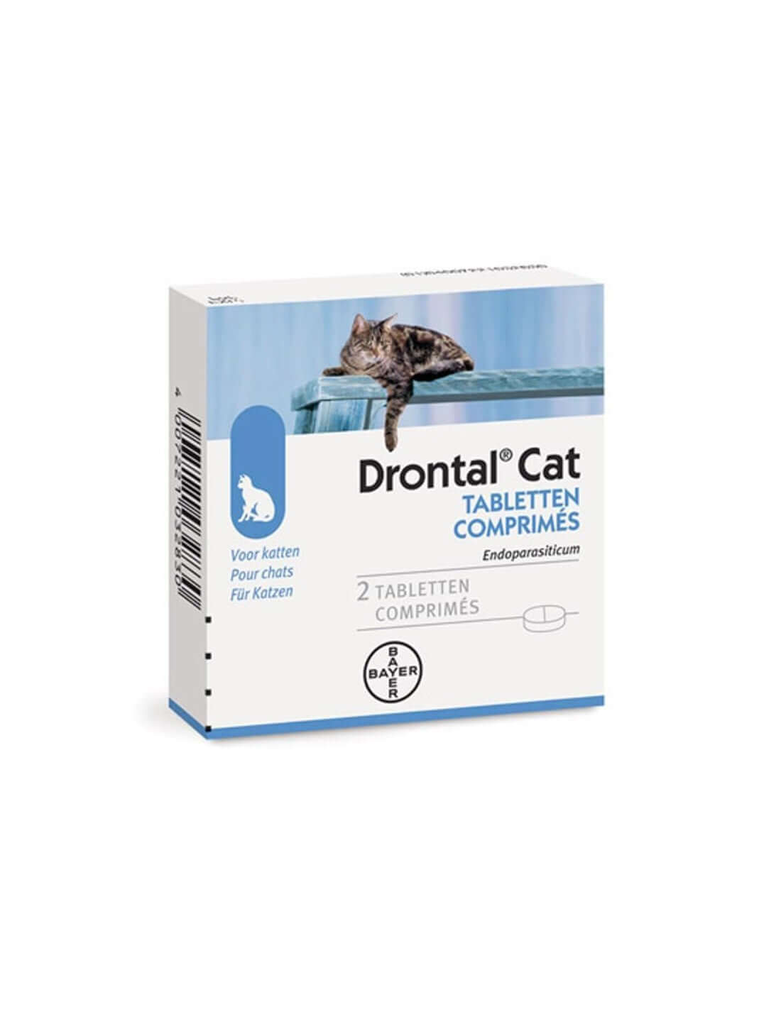Drontal Cat dewormer tablets packaging for intestinal parasite treatment in cats with a cat image on top.