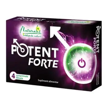 Packaging of Naturalis Potent Forte dietary supplement featuring 4 tablets for men's potency and prostate health.